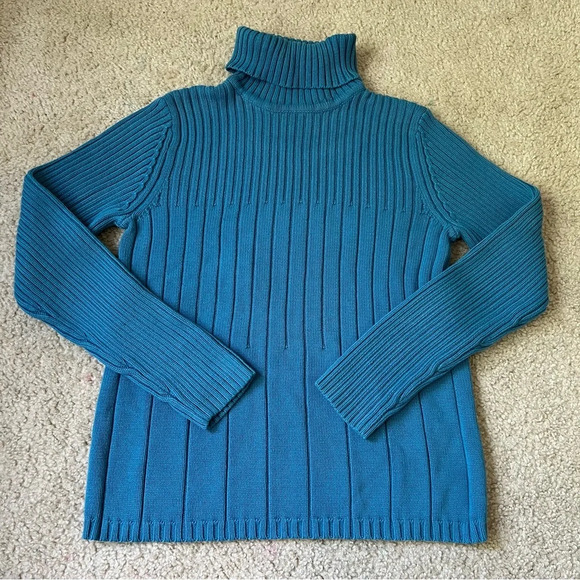 Karen Scott Sport Cotton Teal Ribbed Turtle Smock Neck Sweater Long Sleeve Small - Picture 4 of 10